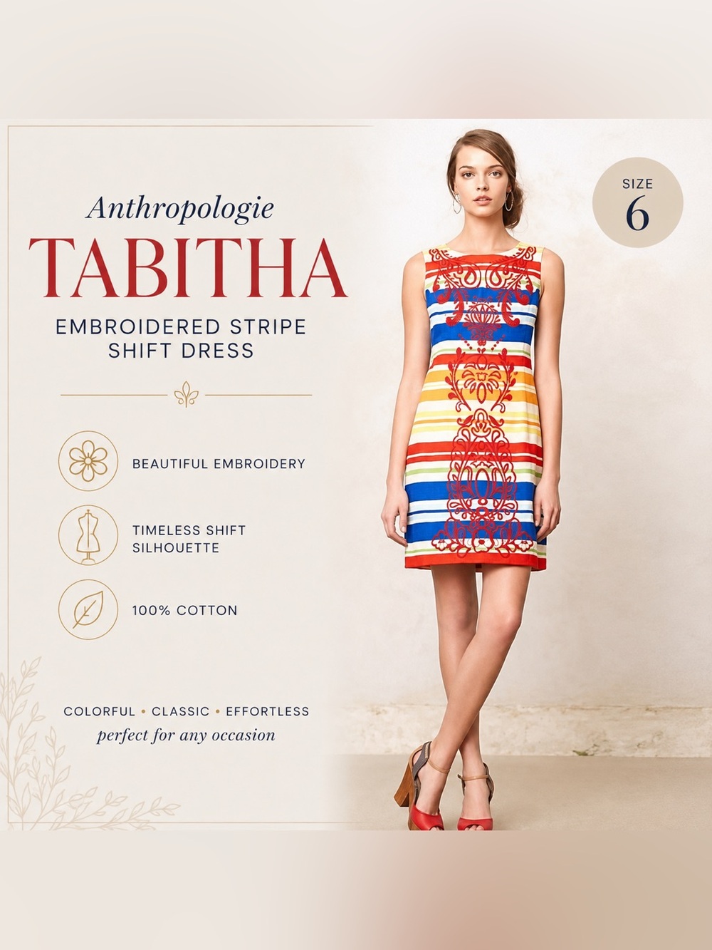Anthropologie Tabitha Embroidered Stripe Shift Dress Size 6 Colorful Cotton